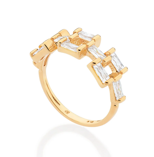 Anel folheado a ouro com zircônias Baguete Rommanel