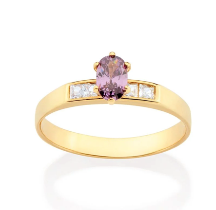 Anel de Formatura folheado a ouro com zircônia lilás