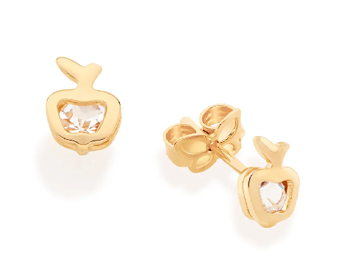 Brinco infantil banhado a ouro 18k maça com cristais