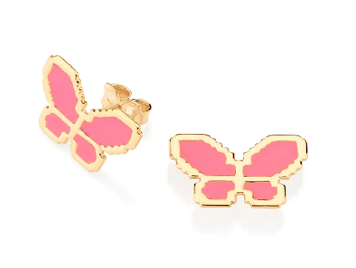 Brinco borboleta pixel banhado a ouro 18k com aplicação de resina