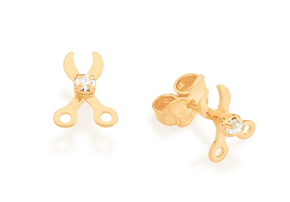 Brinco tesoura banhado a ouro 18k com cristais
