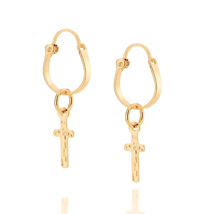 Brinco argola cruz banhado a ouro 18k