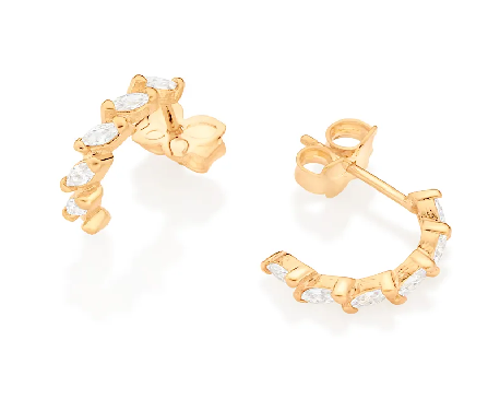 Brinco meia argola banhado a ouro 18k com zircônias navetes