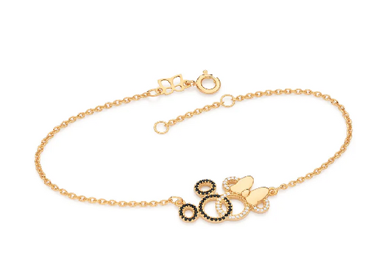 Pulseira mickey e minnie entrelaçados banhado a ouro 18k com zircônias