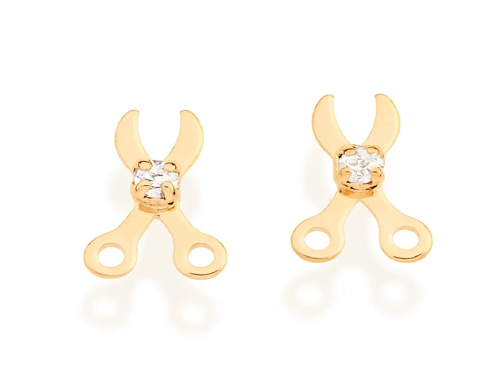 Brinco tesoura banhado a ouro 18k com cristais
