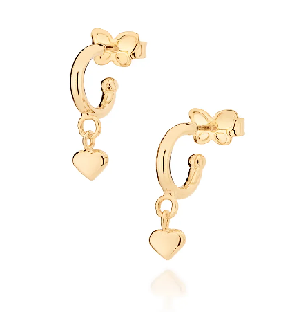 Brinco meia argola coração banhado a ouro 18k