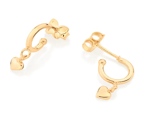 Brinco meia argola coração banhado a ouro 18k